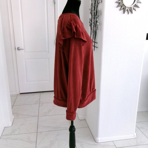 Like New Lauren Conrad Velour Rust Ruffle Long Sleeve Top Blouse XL Super Soft - Picture 4 of 9